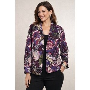 Chico's Embellished Jacket Size 1 (L) Floral Velvet Look Blazer Vibrant Colors